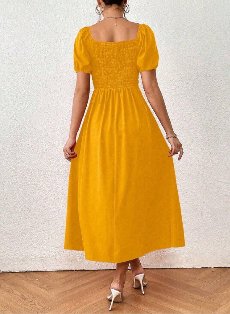 Elegant Dress with Puffed Sleeves, Sweetheart Neckline, and Side Slit, one size  - Image 2