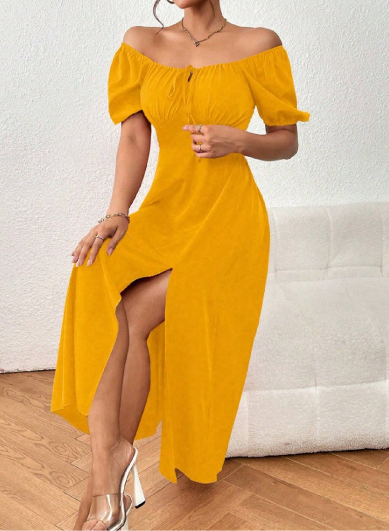 Elegant Dress with Puffed Sleeves, Sweetheart Neckline, and Side Slit, one size  - Image 3