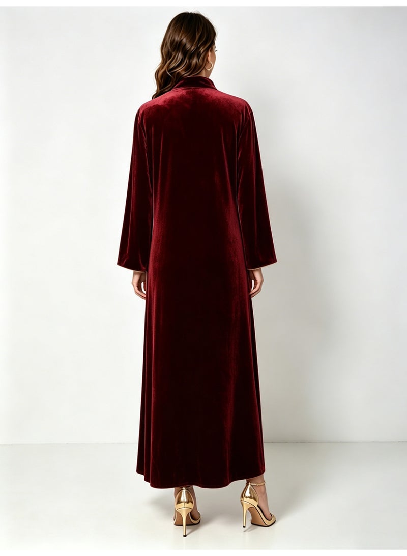 Kaiyuede Dubai Burgundy Velvet Abaya with Gold & Silver Floral Sequin Embroidery | Mandarin Collar Opaque Lined Modest Dress for Eid & Wedding - Image 3