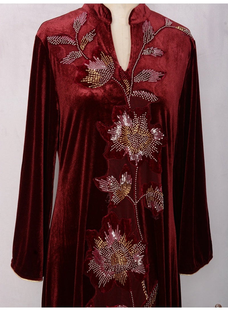 Kaiyuede Dubai Burgundy Velvet Abaya with Gold & Silver Floral Sequin Embroidery | Mandarin Collar Opaque Lined Modest Dress for Eid & Wedding - Image 2