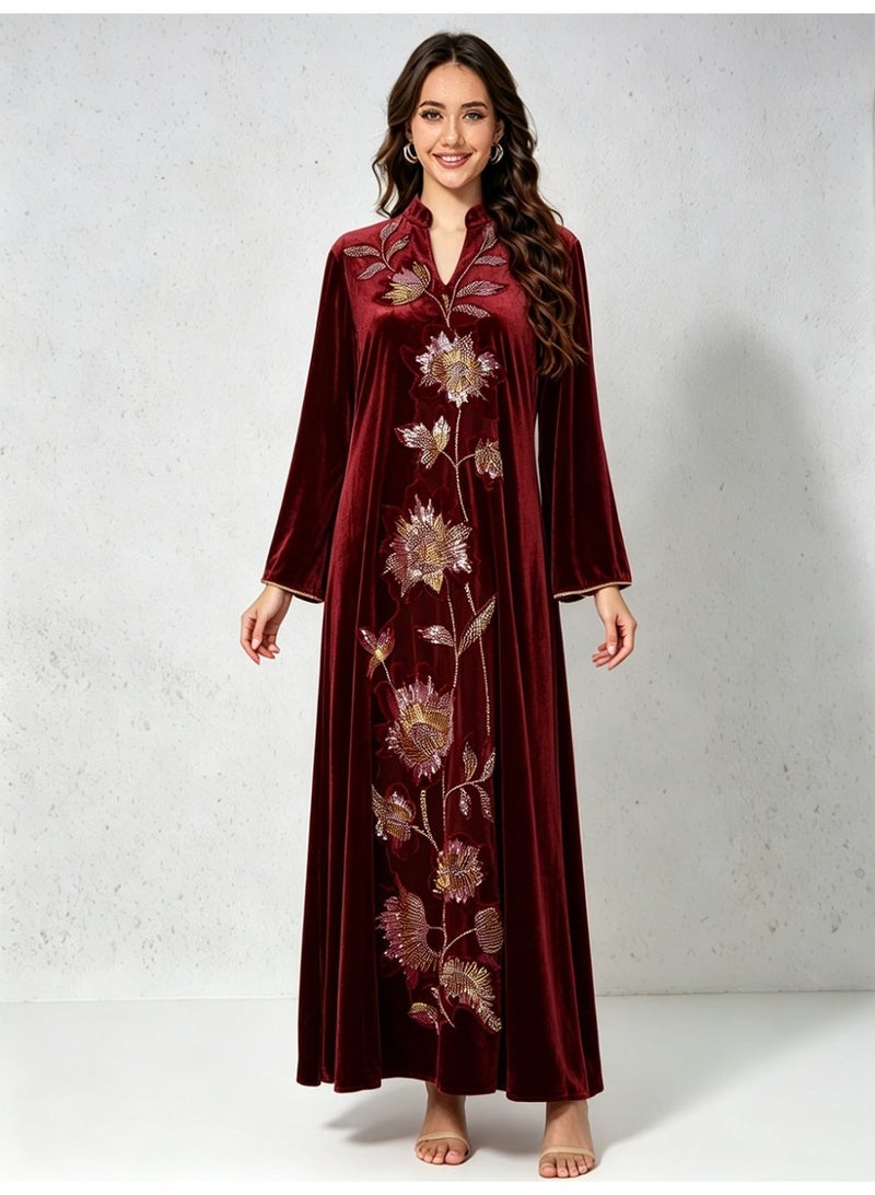 Kaiyuede Dubai Burgundy Velvet Abaya with Gold & Silver Floral Sequin Embroidery | Mandarin Collar Opaque Lined Modest Dress for Eid & Wedding - Image 1