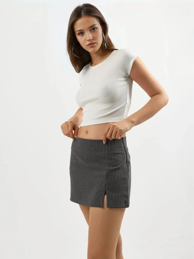 Hiccup Dark Grey Striped Mini Skorts with Slit Detail for Women | Best Price UAE