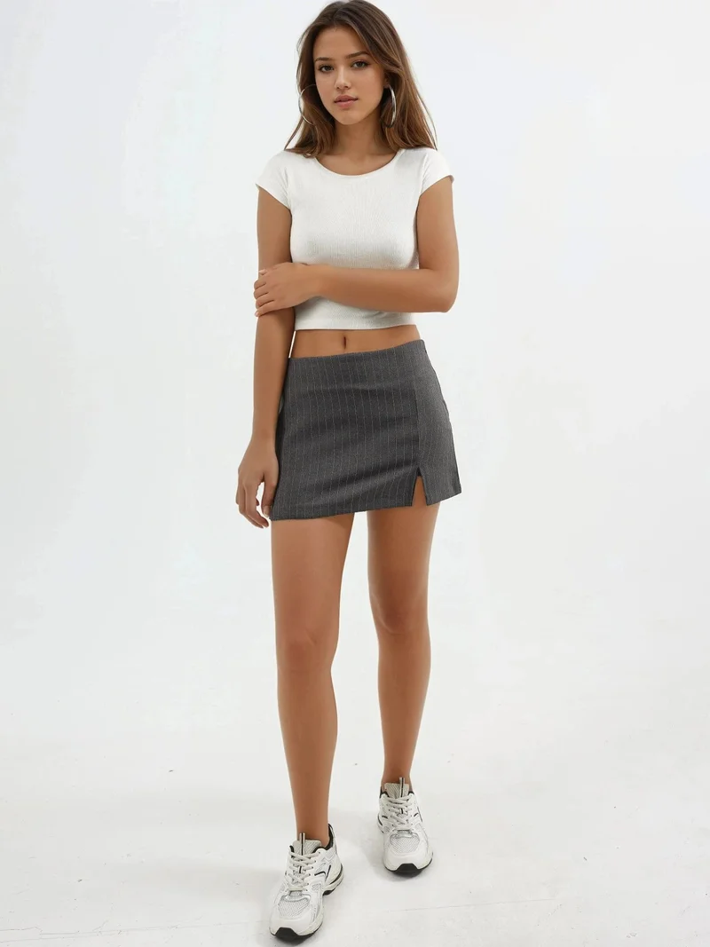 Hiccup Dark Grey Striped Mini Skorts with Slit Detail for Women | Best Price UAE