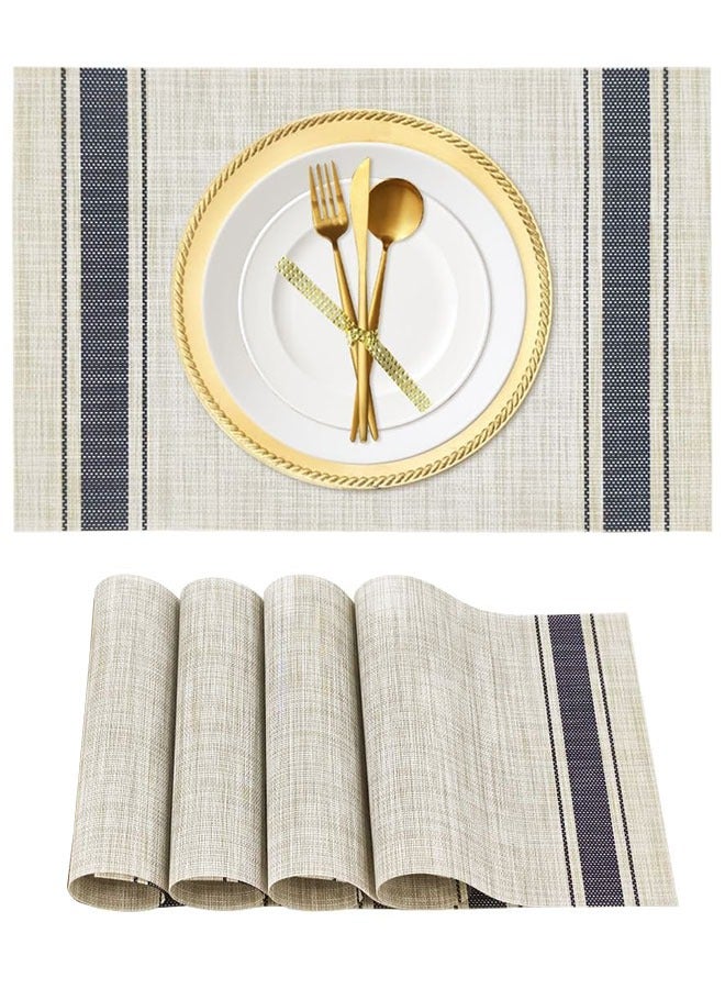 وهاواي Placemats Set of 4,  Non-Slip Washable PVC Table Mat, Heat-Resistant Woven Vinyl Placemat,Plastic Table Mats for Dining Table, Kitchen Table 30x45 cm (Stripe Blue) - Image 1