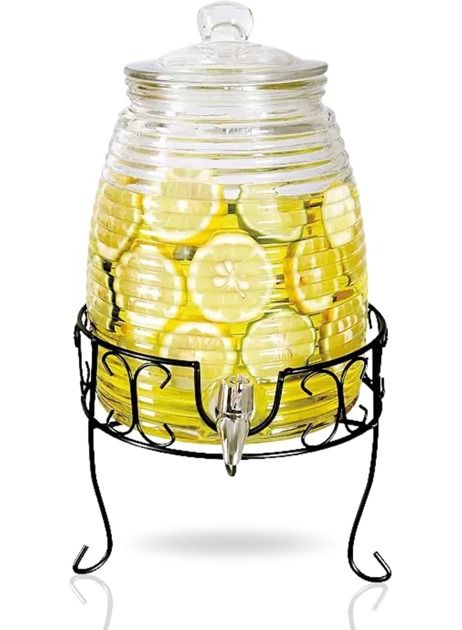 Glass Beverage Dispenser, with Tap, Glass lid and metal Stand (6 Liters)