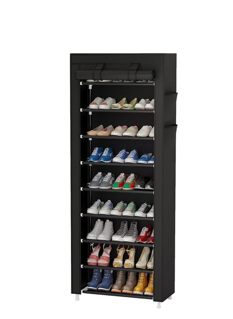 Calmoti 9-Tier Shoe Organizer Portable Rack with Non-Woven Fabric Cover for Closet, Hallway, Bedroom, Entryway Black