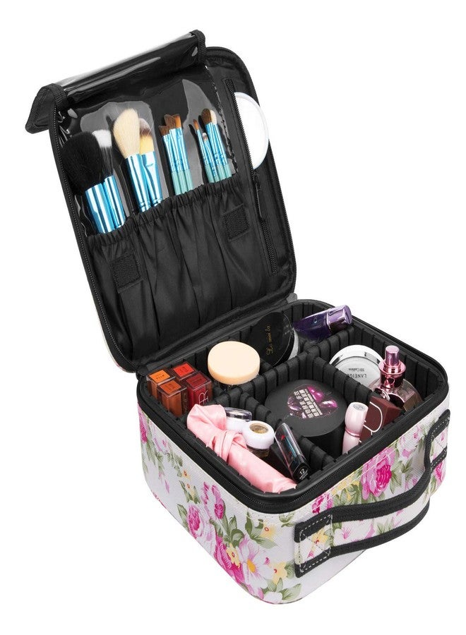 DR Mall Nylon Professional Cosmetic Makeup Kit Storage Organizer Travel Toiletry Bag, Make Up Bag PVC Waterproof Zippered Cosmetic Bag Vanity Bag with Adjustable Compartment (White Printed) - Image 1