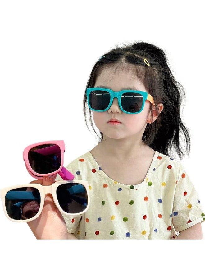 LOVECRAFT Children'S Folding Sunglasses - Beige Frame With Blue Temple, Uv Protection Baby Sunglasses, Square Frame Kids Glasses - Image 2