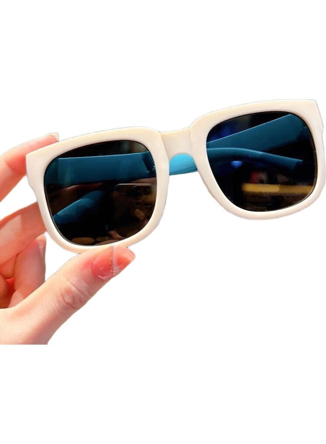 LOVECRAFT Children'S Folding Sunglasses - Beige Frame With Blue Temple, Uv Protection Baby Sunglasses, Square Frame Kids Glasses - Image 1