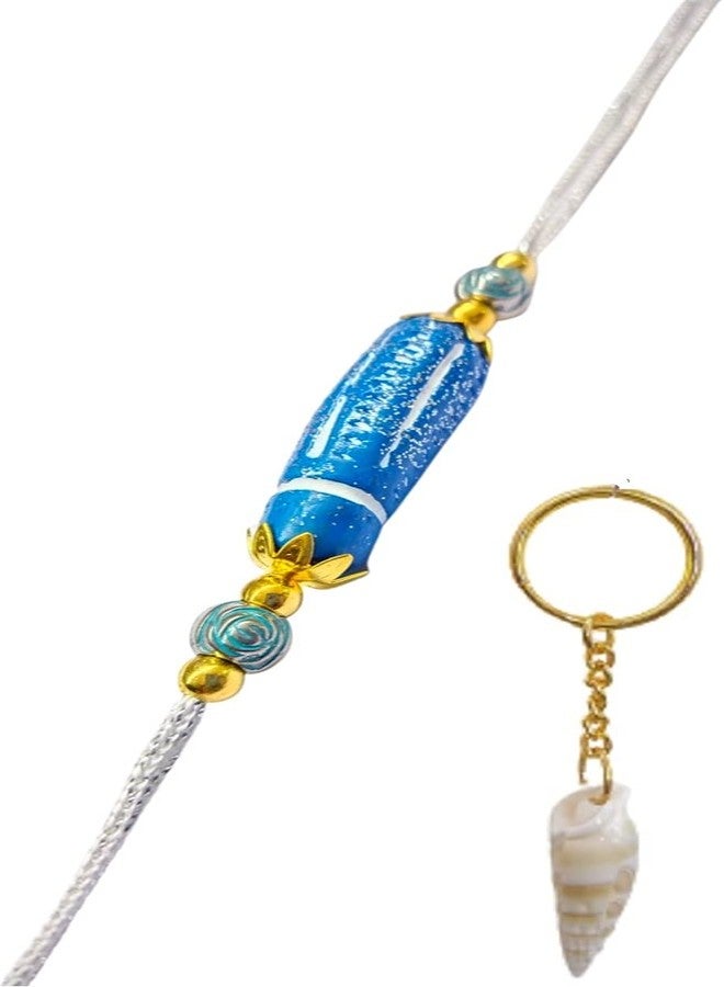 KRISHNA Rakhi for brother bhaiya kids designer for rakshabandhan with Blue Clay Beads rakhi and shankh Key chain as Gift