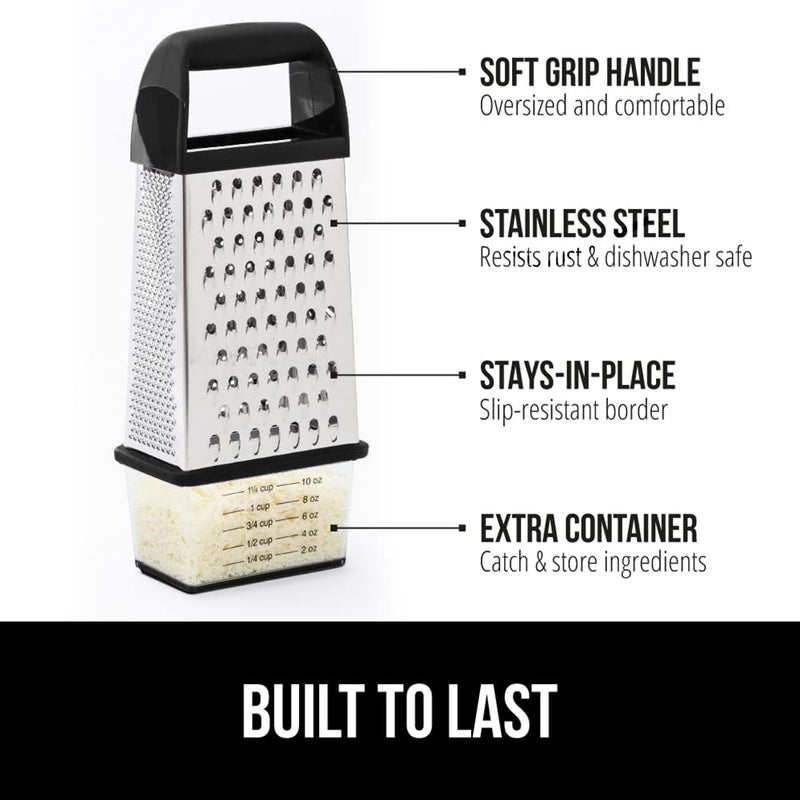 GORILLA GRIP XL 4-Sided Cheese Grater With Container, 100% BPA-Free Stainless Steel Box Graters, Parmesan Shredder, Grate Cheeses, Shred Veggies, Slip Resistant Handle, Dishwasher Safe Zester, Black - Image 2