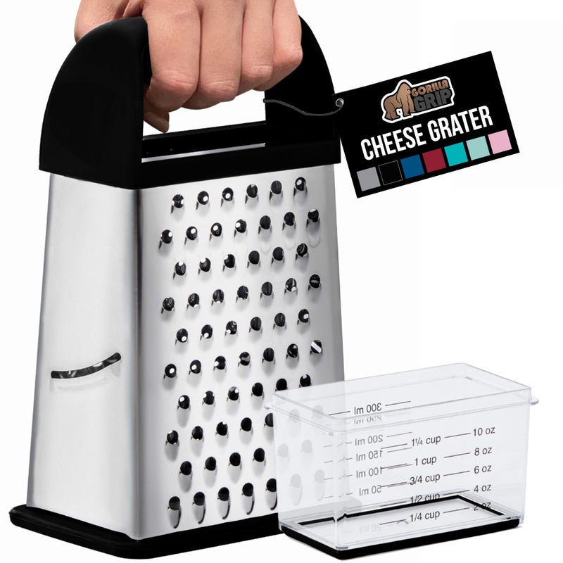 GORILLA GRIP XL 4-Sided Cheese Grater With Container, 100% BPA-Free Stainless Steel Box Graters, Parmesan Shredder, Grate Cheeses, Shred Veggies, Slip Resistant Handle, Dishwasher Safe Zester, Black - Image 1