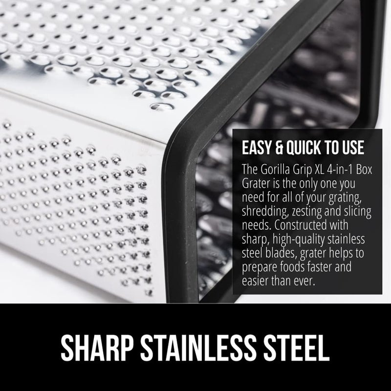 GORILLA GRIP XL 4-Sided Cheese Grater With Container, 100% BPA-Free Stainless Steel Box Graters, Parmesan Shredder, Grate Cheeses, Shred Veggies, Slip Resistant Handle, Dishwasher Safe Zester, Black - Image 4