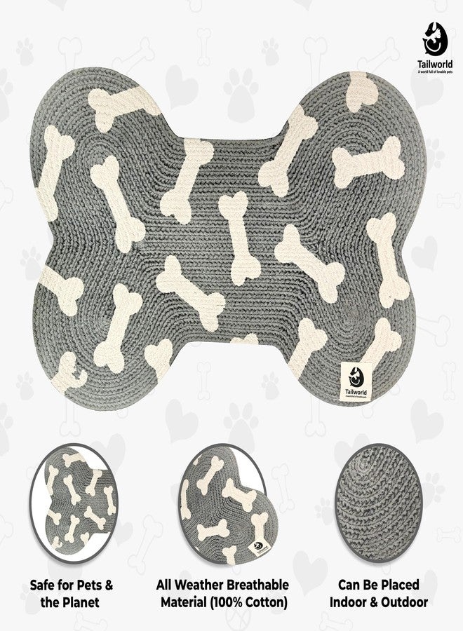 Tailworld Bone Shape Handwoven Woof Pet Mat for Dog & Cat|Hand Braided| Skin Friendly Food Mat|Pet Area Carpet | Floor Mat|Non-Slip Mat Indoor Outdoor Mat|60 * 40 CM| Grey - Image 3