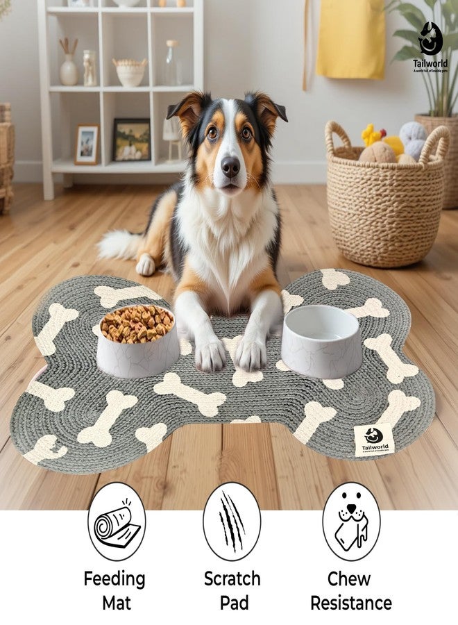 Tailworld Bone Shape Handwoven Woof Pet Mat for Dog & Cat|Hand Braided| Skin Friendly Food Mat|Pet Area Carpet | Floor Mat|Non-Slip Mat Indoor Outdoor Mat|60 * 40 CM| Grey - Image 2