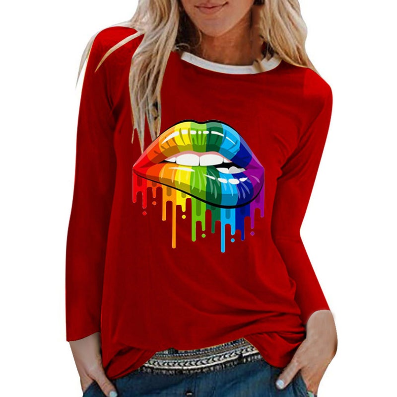 Long Sleeve Women'S T-Shirt Top Polyester Cotton Lips Colorful Red Printed T-Shirt Top Casual Plus Size T - Image 1