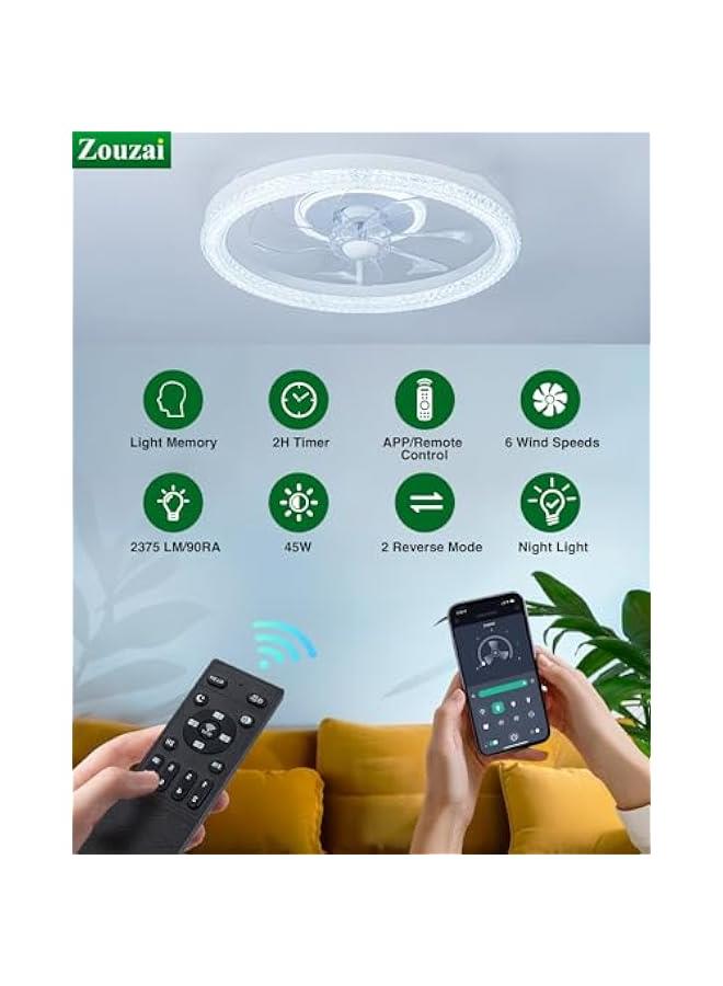 Arabest - 20'' White Modern Fandelier Ceiling Fan with Dimmable LED Light, Remote Control, Timing Function and Quiet DC Motor for Bedroom and Living Room - Image 1