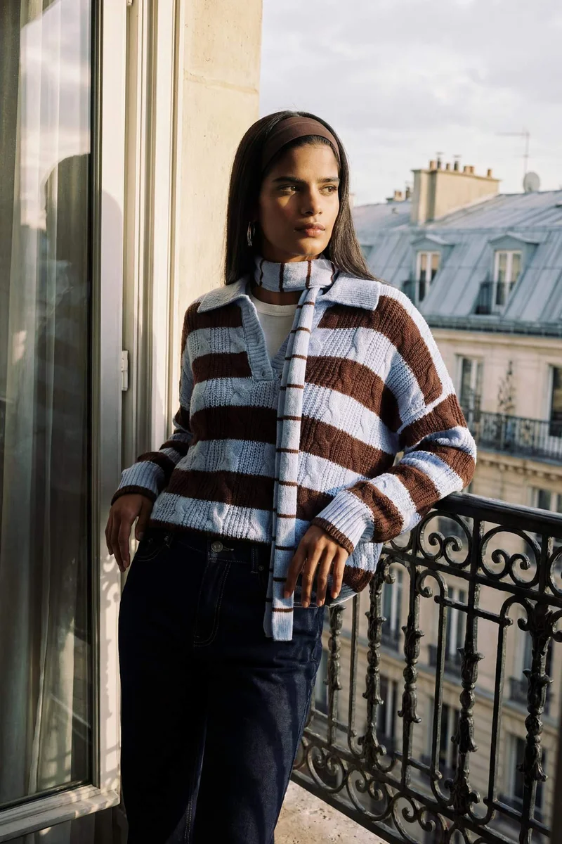 ديفاكتو Regular Fit Polo Collar Striped Knit Pullover
