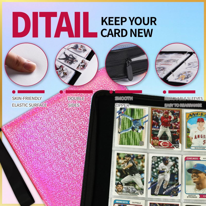 Dosanlues 9 Pocket Card Binder - 1080 Double Sided Pocket PU Premium Zip Trading Card Binder Collectible Card Albums for MTG, TCG, Sports Cards, Game Cards - Bling Pink - Image 4