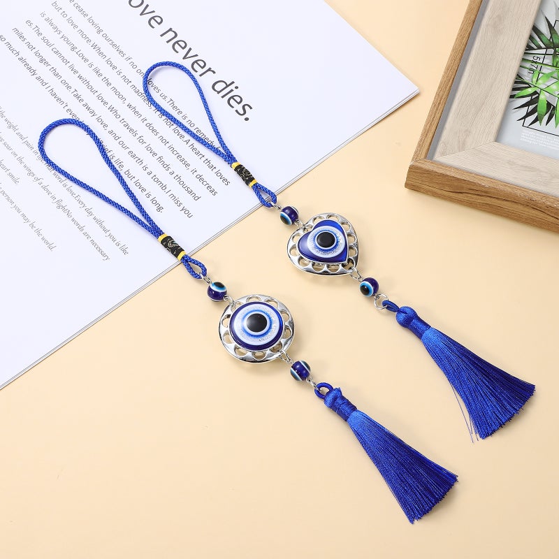 6 Pcs Car Hanging Ornaments Hanging Round and Heart Shape Eye Bead Tassel Charms Accessories for Rear View Mirror - Image 3