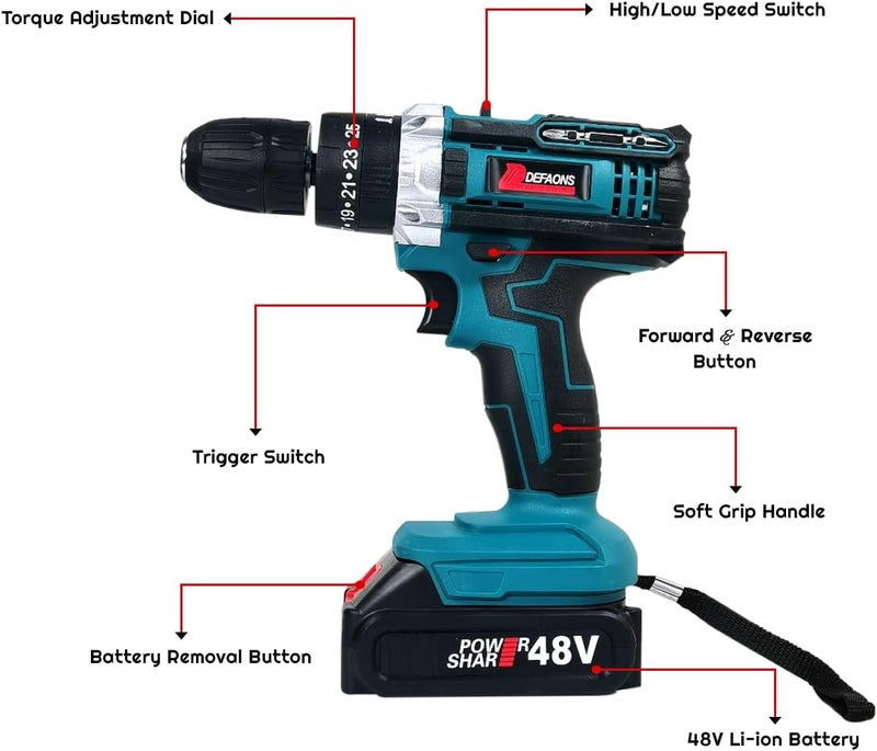 Defaons 48V Cordless Drill Power Tool Kit With 700W Motor, 32Nm Torque, 10Mm Chuck, Variable Speed, And 2 Batteries, Ideal For Home And Professional Use - Image 5