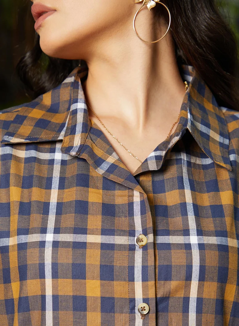 كامبوس سوترا Women's Tan Brown & Navy Blue Tartan Plaid Oversized Shirt