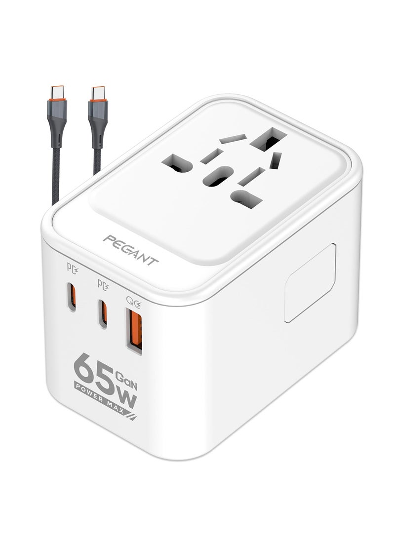 PEGANT Universal Travel Adapter GaN 65W International Wall Fast Charger with 2 USB-C PD3.0, 1 USB QC3.0, 1 Worldwide Power Socket, EU US UK AU Plug Outlet, Type-C Quick Charging Adaptor for Laptop  - Image 1