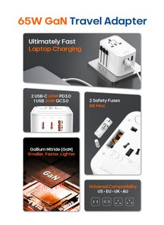 بيجانت محول سفر عالمي جان 65 واط شاحن حائط سريع مع 2 USB-C PD3.0، 1 USB QC3.0، 1 مقبس طاقة عالمي، منفذ قابس اوروبي امريكي بريطاني استرالي، محول شحن سريع نوع C للابتوب  - Image 2