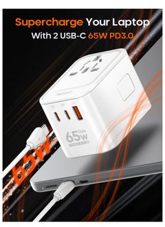 بيجانت محول سفر عالمي جان 65 واط شاحن حائط سريع مع 2 USB-C PD3.0، 1 USB QC3.0، 1 مقبس طاقة عالمي، منفذ قابس اوروبي امريكي بريطاني استرالي، محول شحن سريع نوع C للابتوب  - Image 3