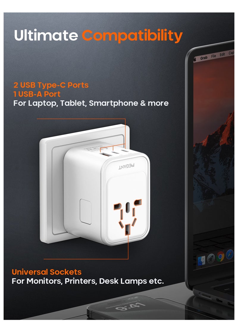 PEGANT - Universal Travel Adapter GaN 65W International Wall Fast Charger with 2 USB-C PD3.0, 1 USB QC3.0, 1 Worldwide Power Socket, EU US UK AU Plug Outlet, Type-C Quick Charging Adaptor for Laptop - Image 1