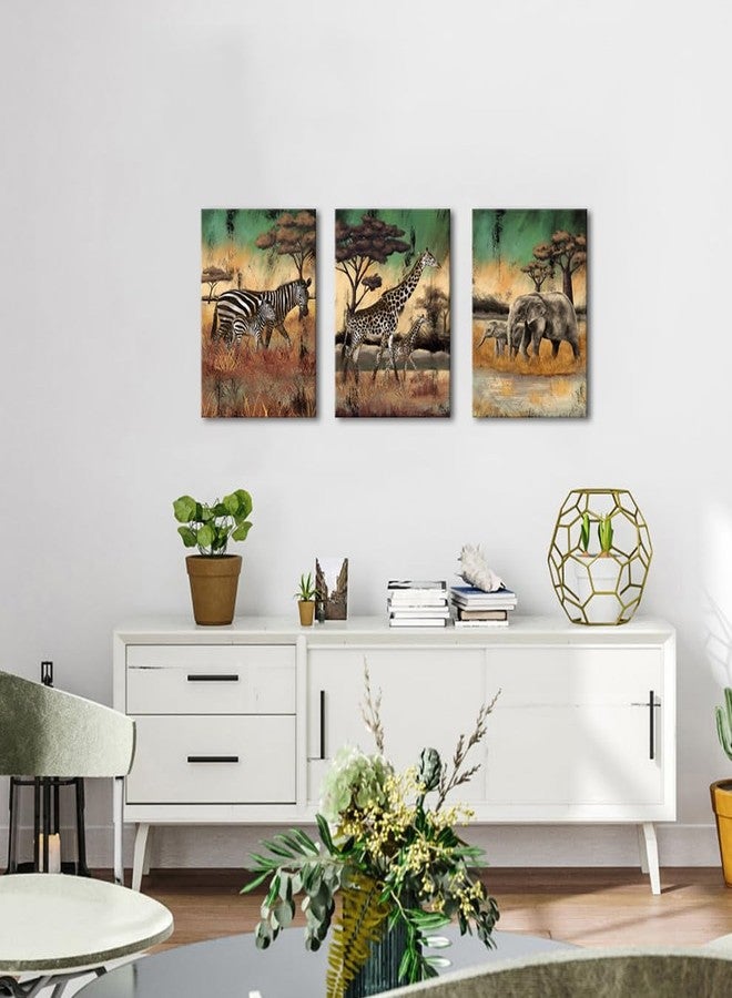 NutArtPic 3 Pieces Safari Animals Canvas Wall Art African Wildlife Prints Fall Animals Family Mom And Baby Pictures Wild Elephant Giraffe Zebra Artwork For Home Office Decor 12"X16" (Small) - Image 2