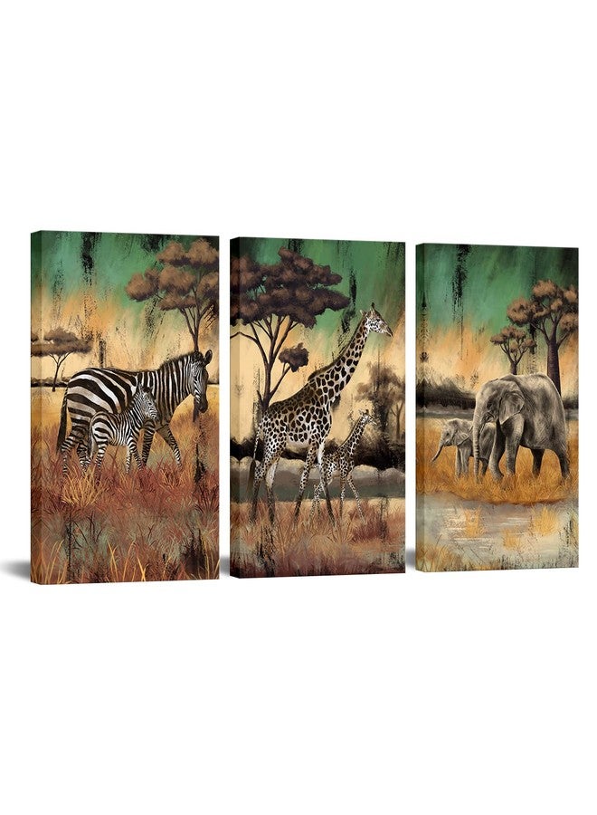 NutArtPic 3 Pieces Safari Animals Canvas Wall Art African Wildlife Prints Fall Animals Family Mom And Baby Pictures Wild Elephant Giraffe Zebra Artwork For Home Office Decor 12"X16" (Small) - Image 1