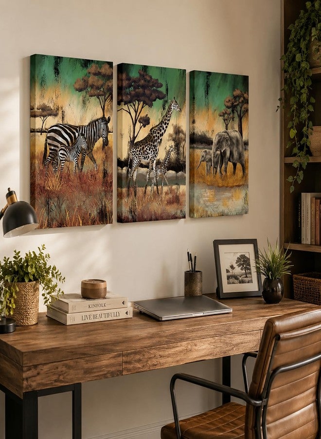NutArtPic 3 Pieces Safari Animals Canvas Wall Art African Wildlife Prints Fall Animals Family Mom And Baby Pictures Wild Elephant Giraffe Zebra Artwork For Home Office Decor 12"X16" (Small) - Image 5