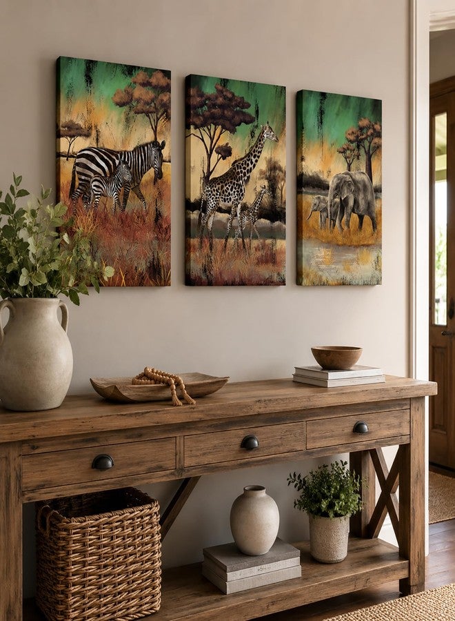 NutArtPic 3 Pieces Safari Animals Canvas Wall Art African Wildlife Prints Fall Animals Family Mom And Baby Pictures Wild Elephant Giraffe Zebra Artwork For Home Office Decor 12"X16" (Small) - Image 3