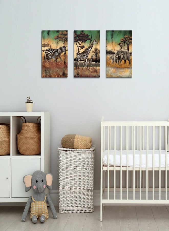NutArtPic 3 Pieces Safari Animals Canvas Wall Art African Wildlife Prints Fall Animals Family Mom And Baby Pictures Wild Elephant Giraffe Zebra Artwork For Home Office Decor 12"X16" (Small) - Image 4