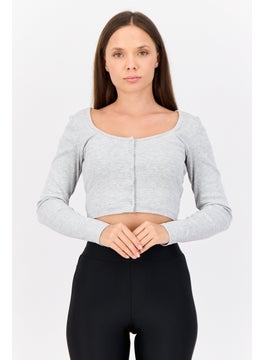 PUMA Women Sportswear Fit Embroidered Logo Ribbed Long Sleeves Outdoor Crop Top, Grey  - Image 1