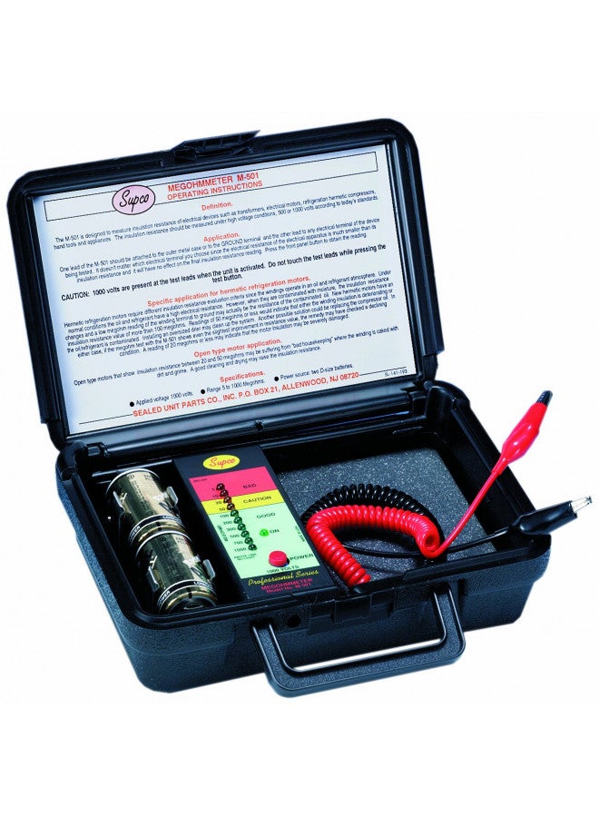 Supco M501 Electronic Megohmmeter with Service Case, 1000 Megohms Insulation Resistance, 1,000V Test Voltage