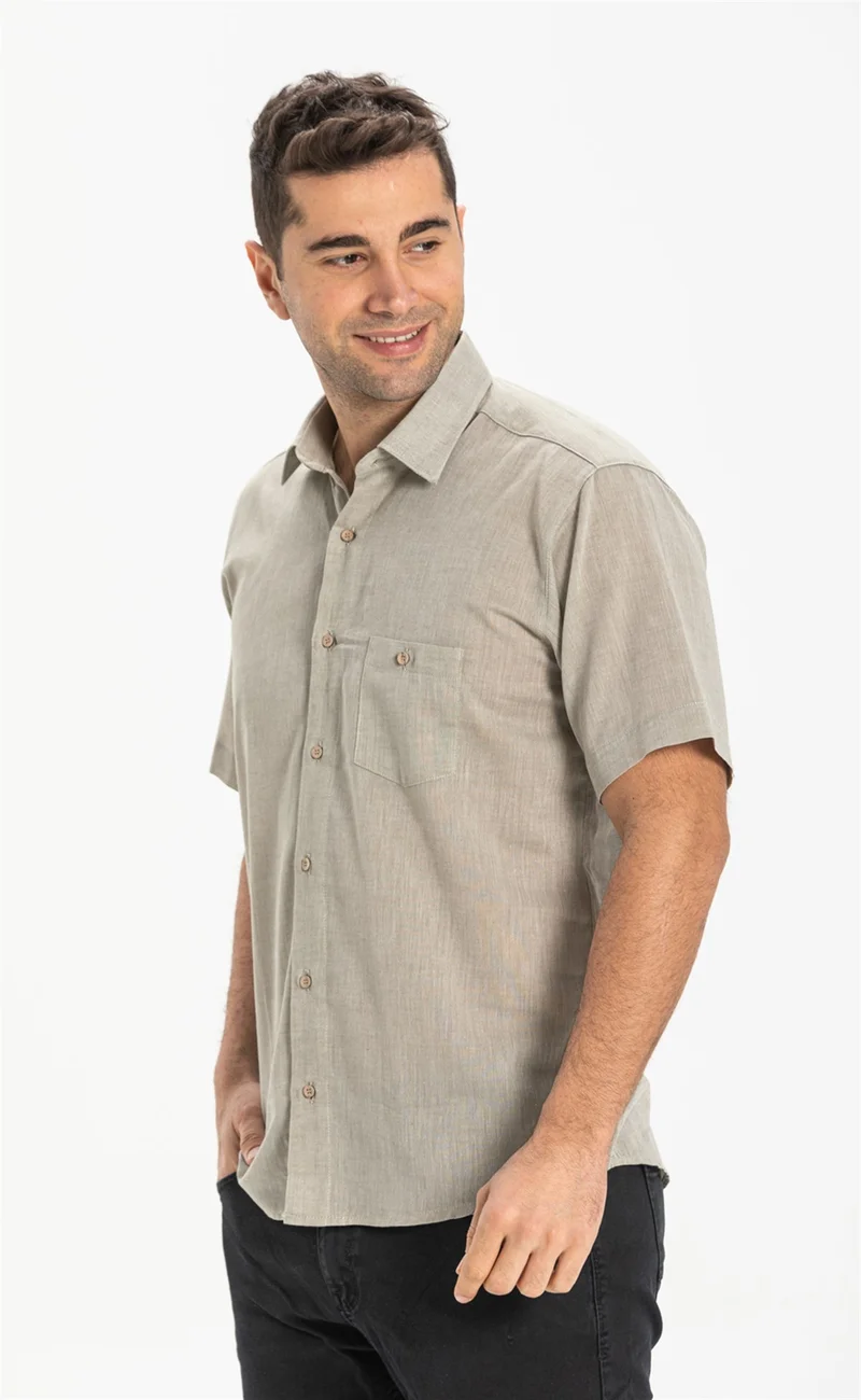 Eliş Şile Bezi Short Sleeve Şile Cloth Single Pocket Men's Shirt Stone 3031