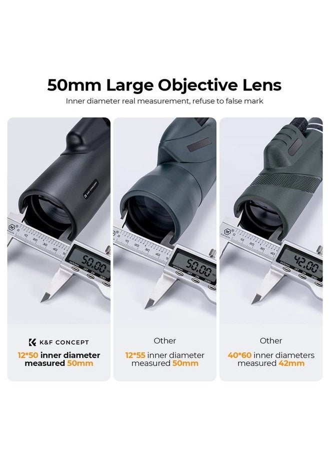 K&F Concept 12X50 HD Monoculars, Monoculars Telescope for Adults with BAK4 Prism & FMC Lens, Waterproof Monocular Scope with Dual Focus for Bird Watching Hunting Wildlife Hiking Traveling  - Image 3
