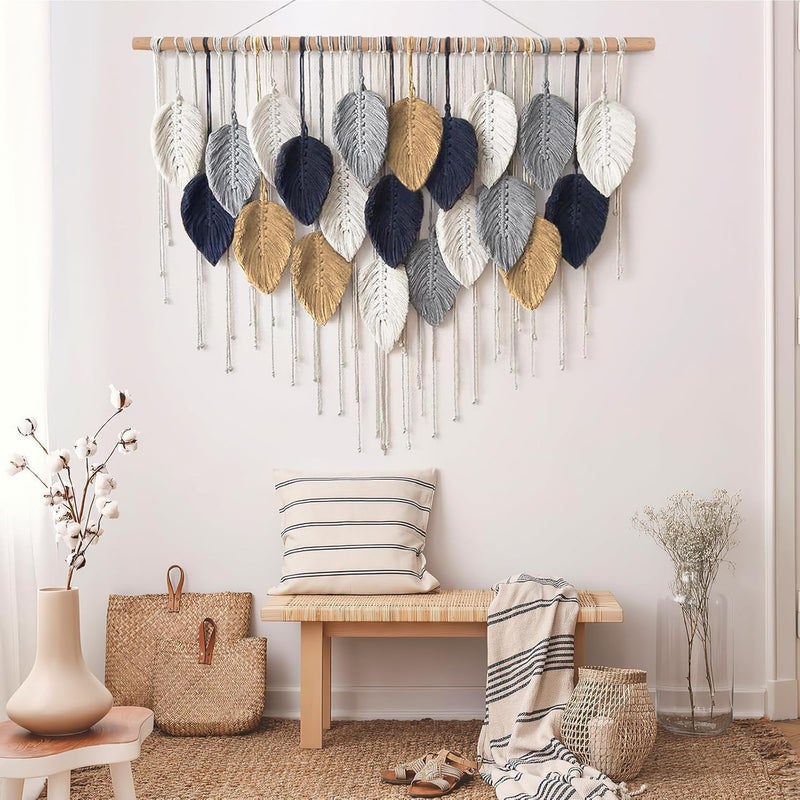 Xlot Large Macrame Wall Hanging, Boho Handmade Leaf Feather Bohemian Woven Tapestry, Chic Wall Art Home Decor for Bedroom Living Room Nursery Apartment Decorations (Pink with Beige with grey) - Image 5