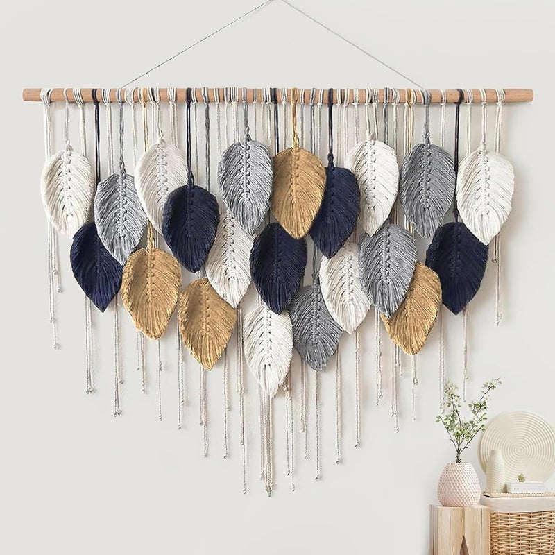 Xlot Large Macrame Wall Hanging, Boho Handmade Leaf Feather Bohemian Woven Tapestry, Chic Wall Art Home Decor for Bedroom Living Room Nursery Apartment Decorations (Pink with Beige with grey) - Image 1