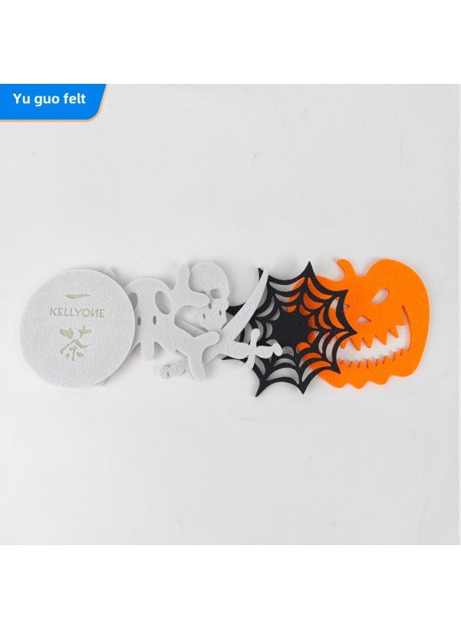 Halloween Non-woven Cartoon Coaster Ghost Festival Decorative Pumpkin Spider Web Non-slip Insulation Felt Coaster-Color:White Skull 1