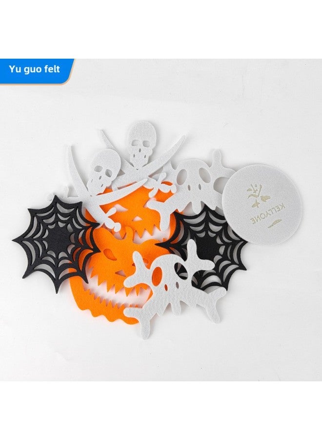 Halloween Non-woven Cartoon Coaster Ghost Festival Decorative Pumpkin Spider Web Non-slip Insulation Felt Coaster-Color:White Skull 1