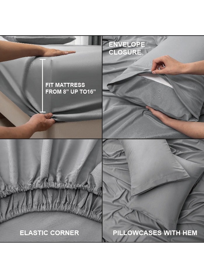 Panax Bedding King Bed Sheets Set - 4 Piece Bedding - Brushed Microfiber - Shrinkage and Fade Resistant - Easy Care (Light Grey, King) - Image 4