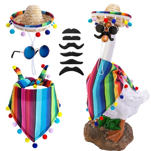 Watayo 4 PcsSet Mexican Porch Goose Outfits 23 17 Lawn Goose Statue Clothes Costume for Cinco De Mayo Garden Goose Clothes Mexican Sombrero with Bandana Scarf Beard Glasses for Patio Yard Decoration - Image 1