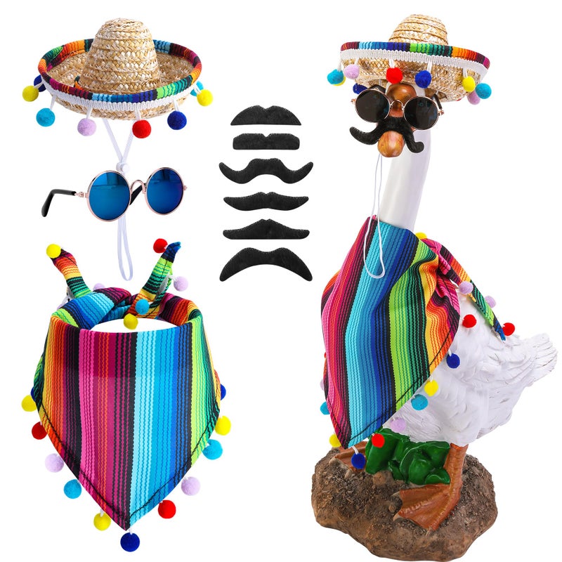 Watayo 4 PcsSet Mexican Porch Goose Outfits 23 17 Lawn Goose Statue Clothes Costume for Cinco De Mayo Garden Goose Clothes Mexican Sombrero with Bandana Scarf Beard Glasses for Patio Yard Decoration - Image 2