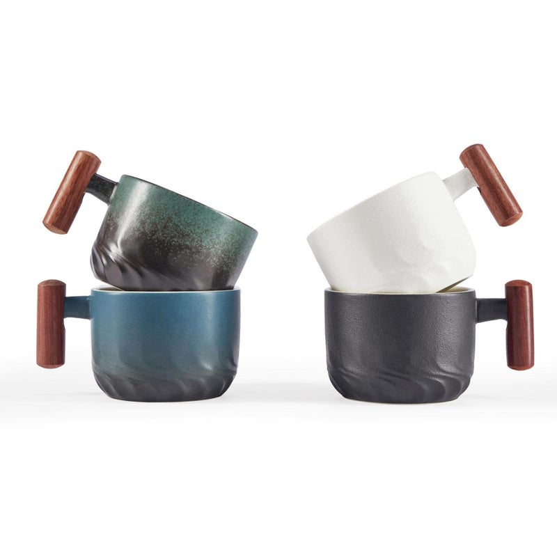 CLASGLAZ 2.5oz Ceramic Espresso Cups with Wooden Handle, Small Coffee Cups Double Shot Espresso Cups Set of 4 - Image 1