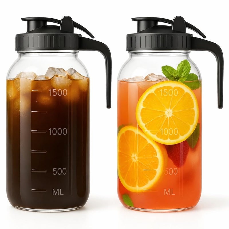 VA1KENE Mason Jar Pitcher Set of 2-64oz (2 Quart) Airtight & Leakproof Glass Pitcher with Lid, Perfect for Storing Breastmilk, Cold Brew, Sun Tea, with Easy-Pour Spout Lid - Image 1