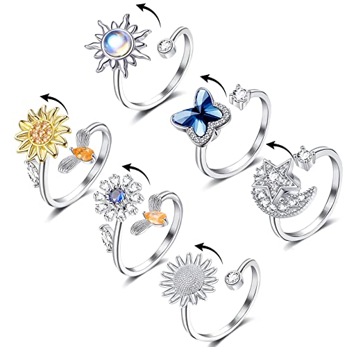 Honsny Fidget Rings for Women, Spinner Fidget Ring Set, Sunflower Butterfly Bee Star Moon Relief Spinning Rings for Adults - Image 1