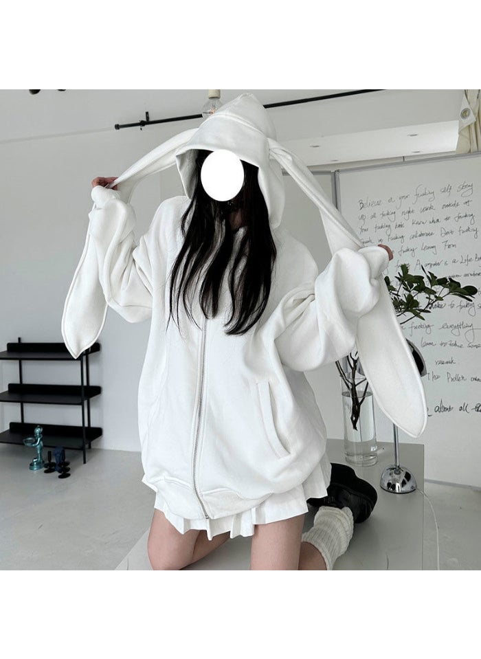 Generic - Cute Bunny Ear Hoodie Womens Plush Lightweight Cardigan White (Silver Fox velvet) fleece-lined thick - Image 1